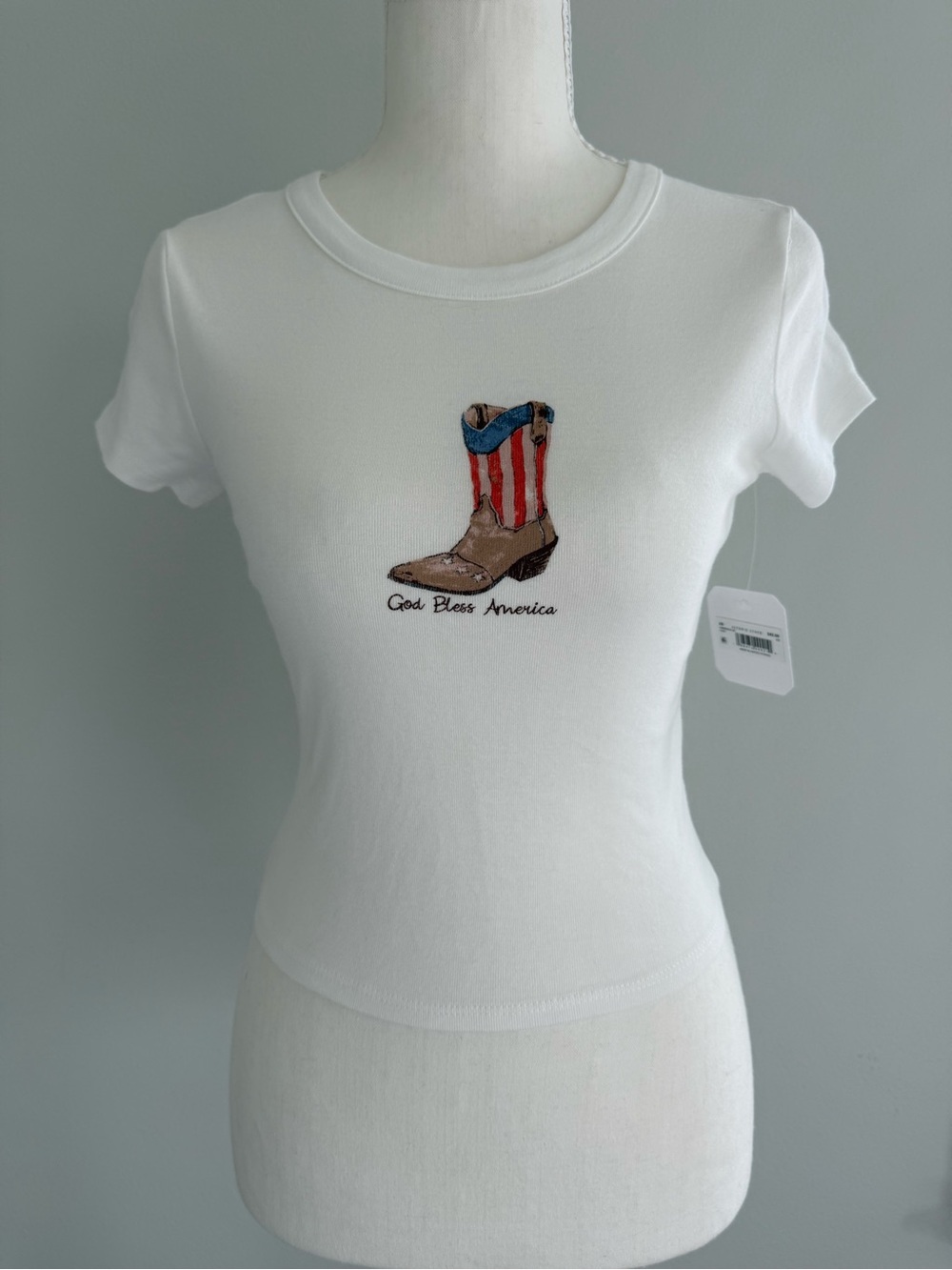 Altar'd State White Tee with Patriotic Cowboy Boot Graphic
